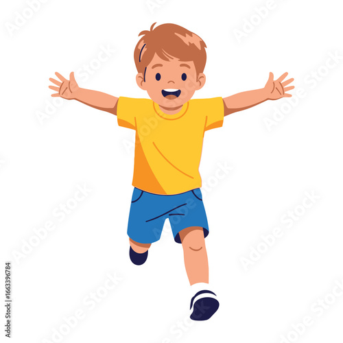 Joyful Running Child: A charming illustration of a happy child with outstretched arms, running with boundless energy and delight. Capturing the essence of youth and freedom, embodying joy and freedom.