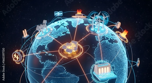 Global energy network visualized, showcasing diverse power sources interconnected around the world.