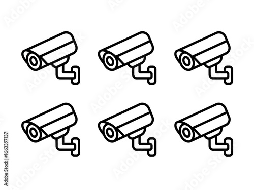 Six identical security camera icons in a silhouette style isolated on white background