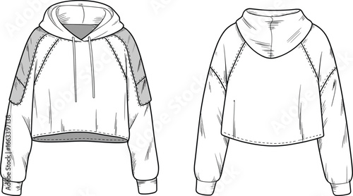 Cropped hoodie fashion flat sketch, front and back view technical drawing, stylish sweatshirt design with hood, long sleeve casual apparel template