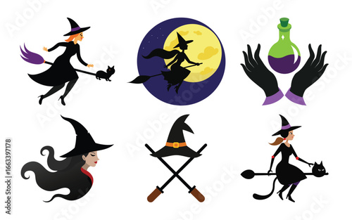Vector art of halloween set with witches flying on broomsticks with cats, moon, potion, and witch hat