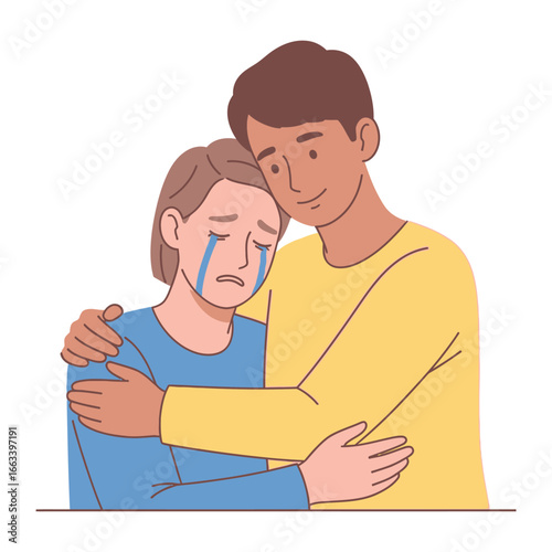 Empathy in Motion: A heartfelt embrace between two individuals, a tender moment of comfort and reassurance, illustrated to convey compassion and support, symbolizing connection and understanding.