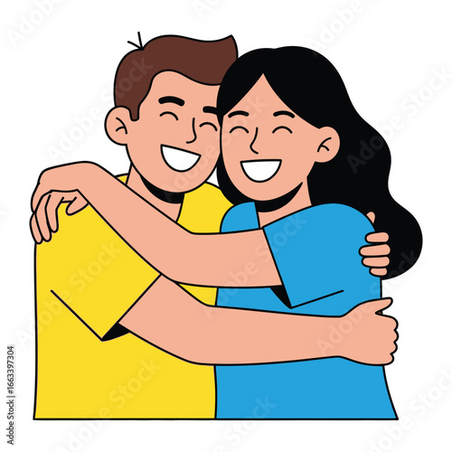 Embrace of Joy: A happy couple shares a warm, illustrated hug, expressing the deep bond of friendship and the feeling of love.