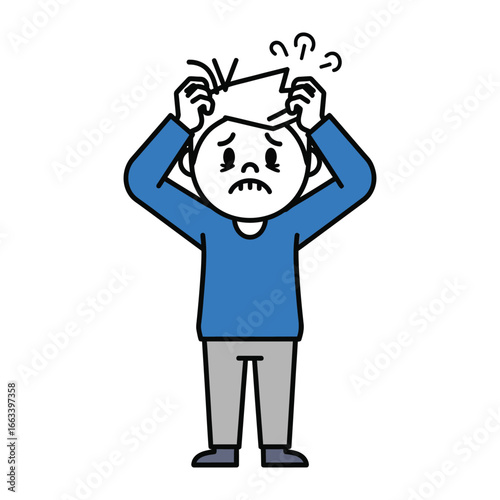 Frustration: A graphical illustration of a man, hands to his head expressing frustration, confusion and stress. 