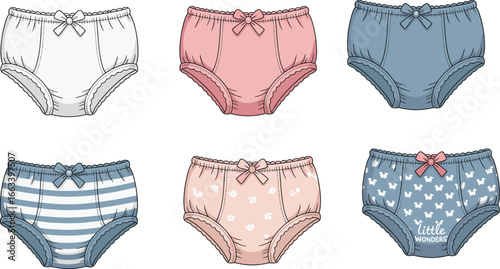 Cute girls underwear flat sketch, bow and lace panties design, striped, printed, pastel fashion lingerie vector clothing template illustration