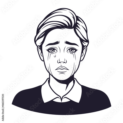 Melancholy: A stylized illustration of a young woman, capturing her emotional state with a teardrop, her face etched with vulnerability and sadness.