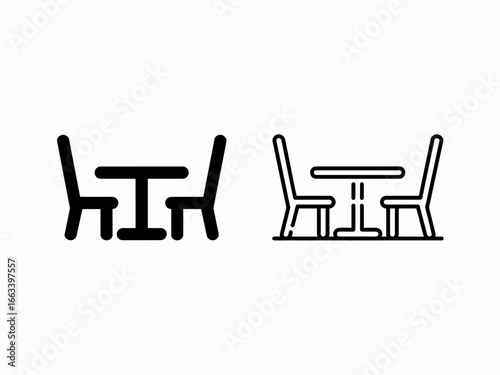 Two sets of chairs and tables in silhouette and outline styles isolated on white background