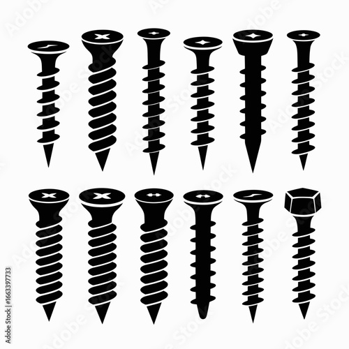 Collection of various black screw silhouettes isolated on white background