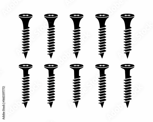 Ten black screw silhouettes arranged in two rows isolated on white background