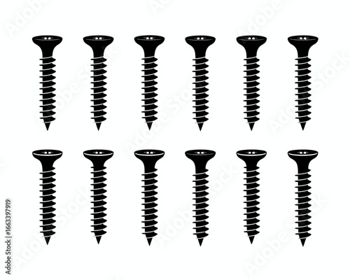 Collection of twelve black wood screw silhouettes isolated on white background silhouette