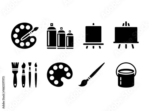 Collection of artistic tools including paintbrushes spray cans and palettes isolated on white background silhouette