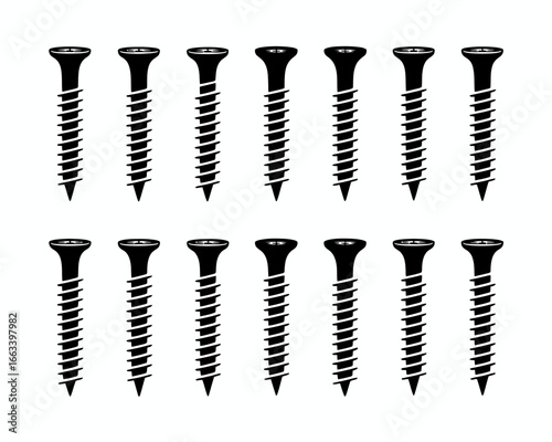 Twelve black silhouette wood screws arranged in two rows isolated on white background