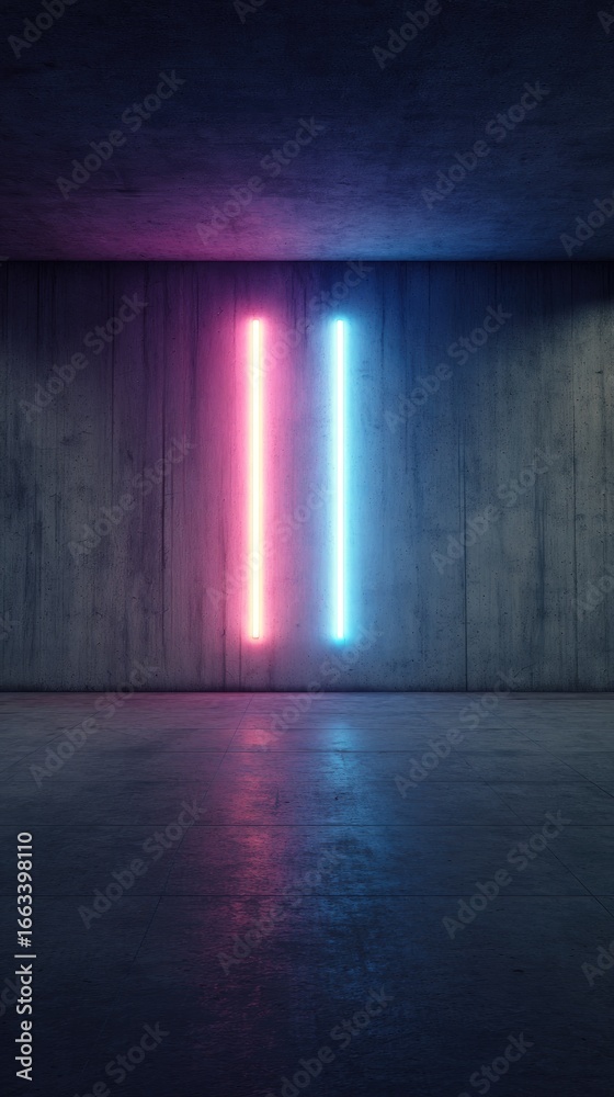 Fototapeta premium Two vibrant neon lights, pink and blue, illuminate a dark, empty concrete room, reflecting on the polished floor