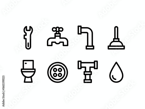 Collection of plumbing and bathroom icons in a simple silhouette style isolated on white background