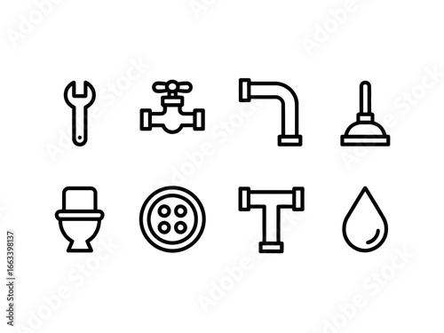 Collection of plumbing and bathroom icons in a silhouette style isolated on white background