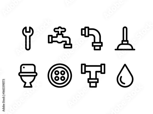 Collection of plumbing icons including a wrench faucet pipes plunger toilet drain and water drop silhouette isolated on white background