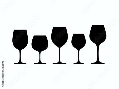 Five silhouette wine glasses of varying sizes isolated on white background