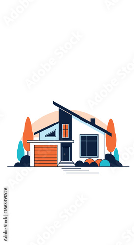 Modern residential home architecture design with attached garage and landscaping elements