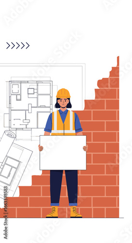 Construction worker holding blank sign near brick wall and blueprints professional site safety equipment