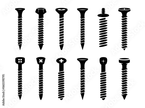 Collection of various screw types and head designs silhouette isolated on white background
