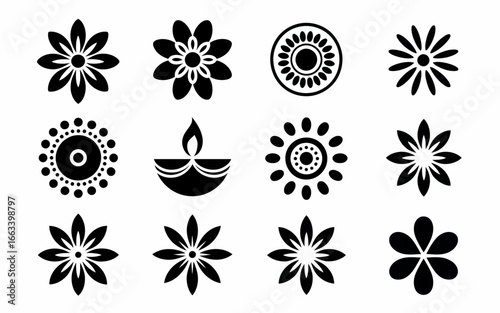 Collection of indian decorative floral and diya motifs silhouette isolated on white background