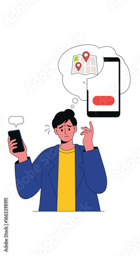 Confused man struggling with mobile navigation app experiencing difficulty finding direction