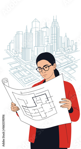 Architectural design and urban planning professional reviewing building blueprints amidst cityscape visualization