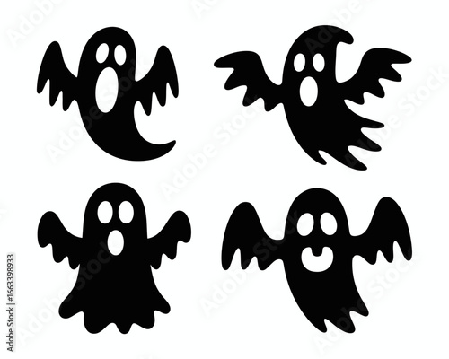 Four spooky halloween ghost silhouettes isolated on white background