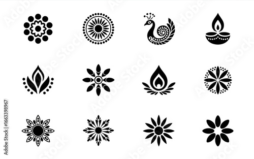 Collection of indian cultural motifs and designs silhouette isolated on white background