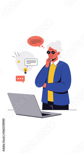 Creative professional deeply concentrating on laptop screen analyzing complex data and information while thinking about new ideas