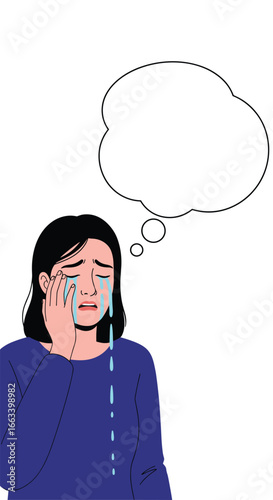 A woman cries with a thought bubble above her head representing her inner thoughts and emotions