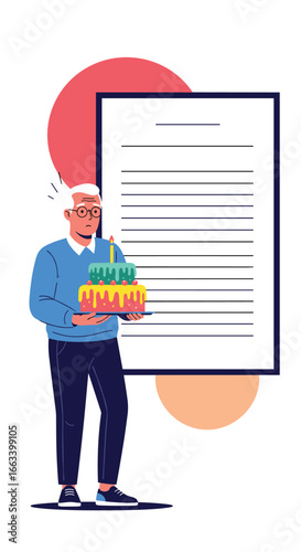 Elderly man holds birthday cake standing near a document