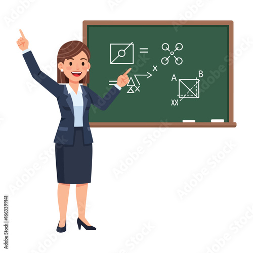 Animated Teacher Explaining on a Blackboard: A cheerful animated teacher, clad in professional attire, enthusiastically points towards complex mathematical diagrams on a green blackboard.