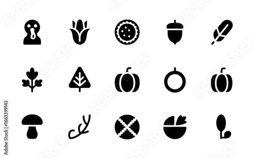 Collection of thanksgiving icons featuring a turkey corn pumpkin acorn and leaves silhouette isolated on white background