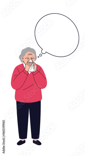 Elderly person with tissue feeling unwell indicating sickness or allergy symptoms