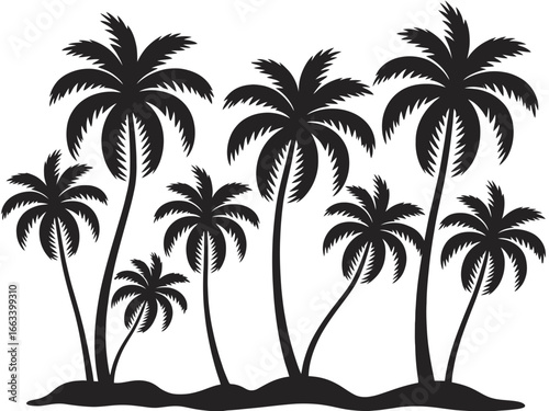 A collection of stylized black palm trees in silhouette isolated on white background