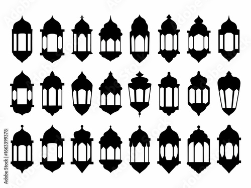 Collection of islamic lantern silhouettes isolated on white background