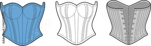 Corset Designs, Front and Back Views, Lace-Up Detail, Structured Garment Sketch, Fashion Template, Lingerie Style, Technical Clothing Layout CAD Drawing Flat Vector Illustration