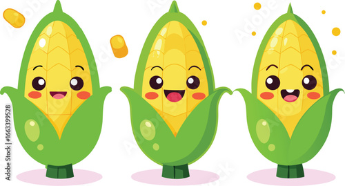 Cheerful cartoon corn characters smiling and happy, perfect for food, farm, or kids projects