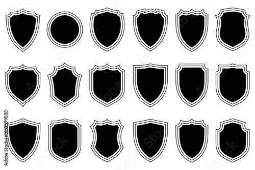 Collection of black shield silhouettes with white borders isolated on white background