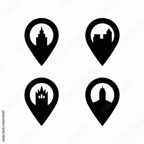 Four city landmark location pin icons silhouette isolated on white background
