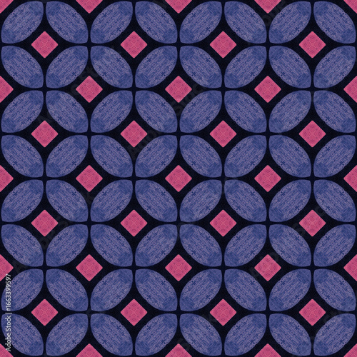 A modern geometric pattern of royal blue ovals and magenta diamonds, A stylish and sophisticated design for any space, 3600x3600 px high quality jpg image