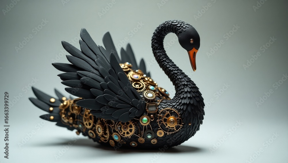 Obraz premium Intricate black steampunk swan sculpture with gears and clockwork details