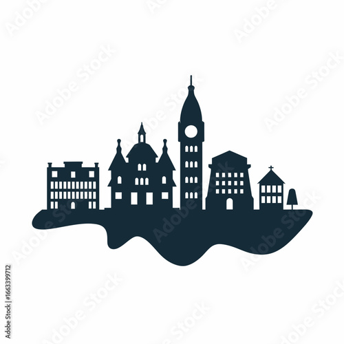 Dark silhouette of a european city skyline with iconic buildings isolated on white background silhouette