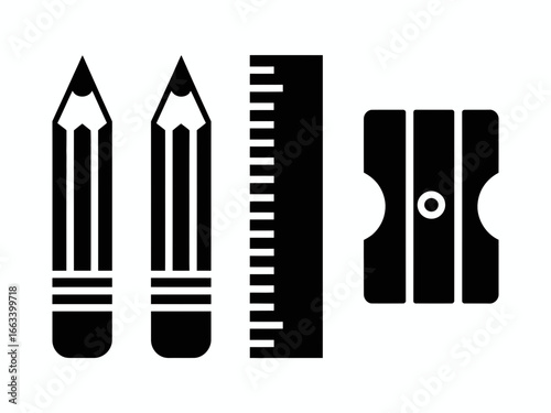 Black silhouette of two pencils a ruler and a pencil sharpener isolated on white background silhouette
