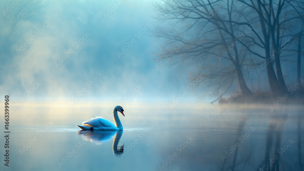 Fototapeta premium Elegant swan glides gracefully through tranquil misty waters at dawn, surrounded by ethereal forest reflections