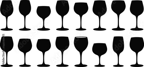 Collection of elegant champagne flutes and wine glasses silhouette isolated on white background