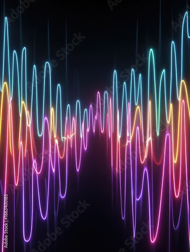 Vibrant, multicolored, glowing neon lines flow dynamically across a dark background, resembling a soundwave or energy pattern