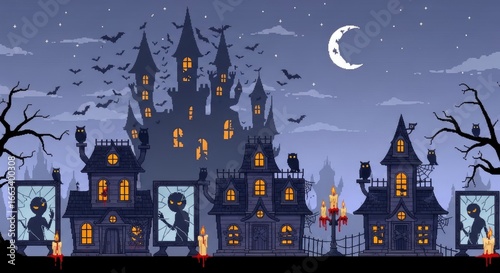 Haunted halloween village silhouette illustration