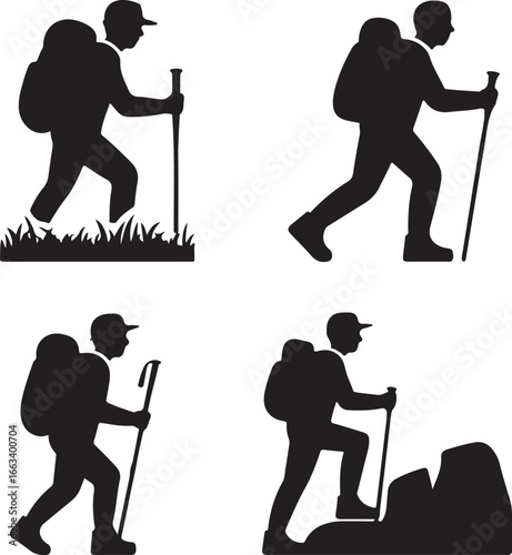 Hiking and Trekking Silhouettes with Backpacks and Poles on White Background silhouette